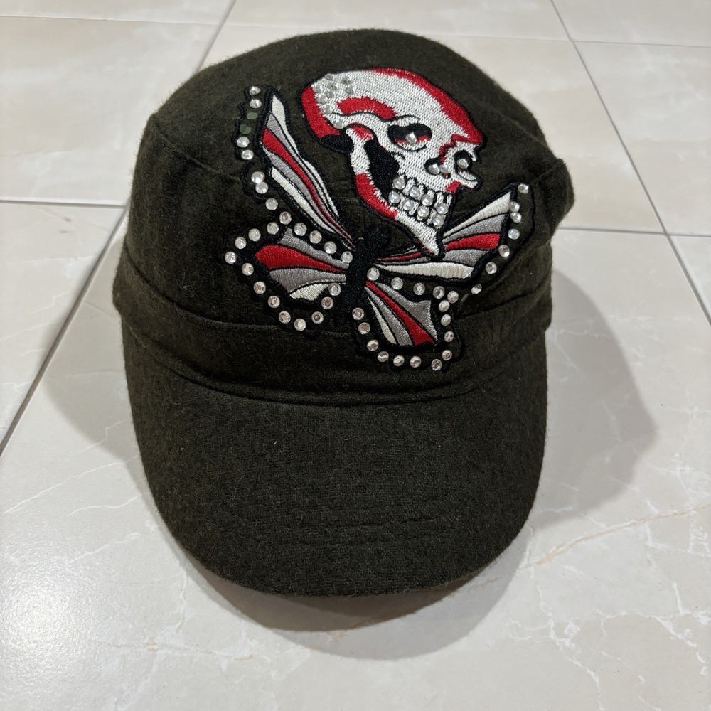 Vintage Y2K Military Cap Cabbie Skull Bones Adjustable Green Butterfly Fairy